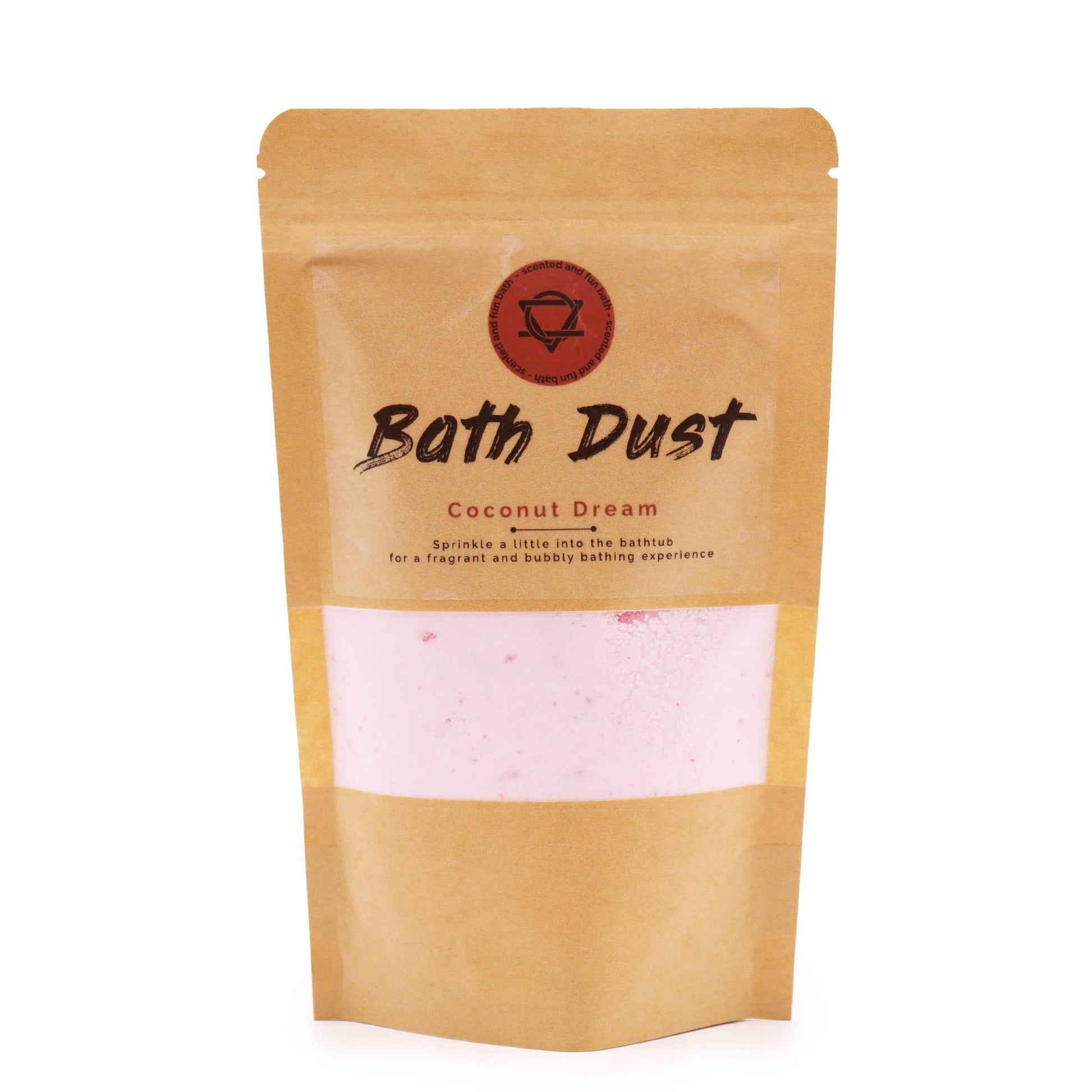 A rustic brown paper pouch with a clear window showing fine, white coconut-scented bath powder for a luxury soak.