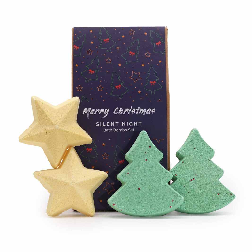 A festive holiday gift pack containing multiple shaped bath bombs like stars and Christmas trees in seasonal green and gold.