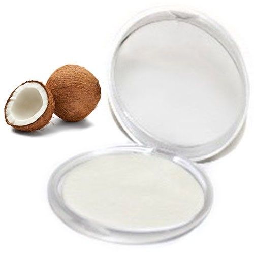 A round white travel container holding delicate, coconut-scented paper soap petals.