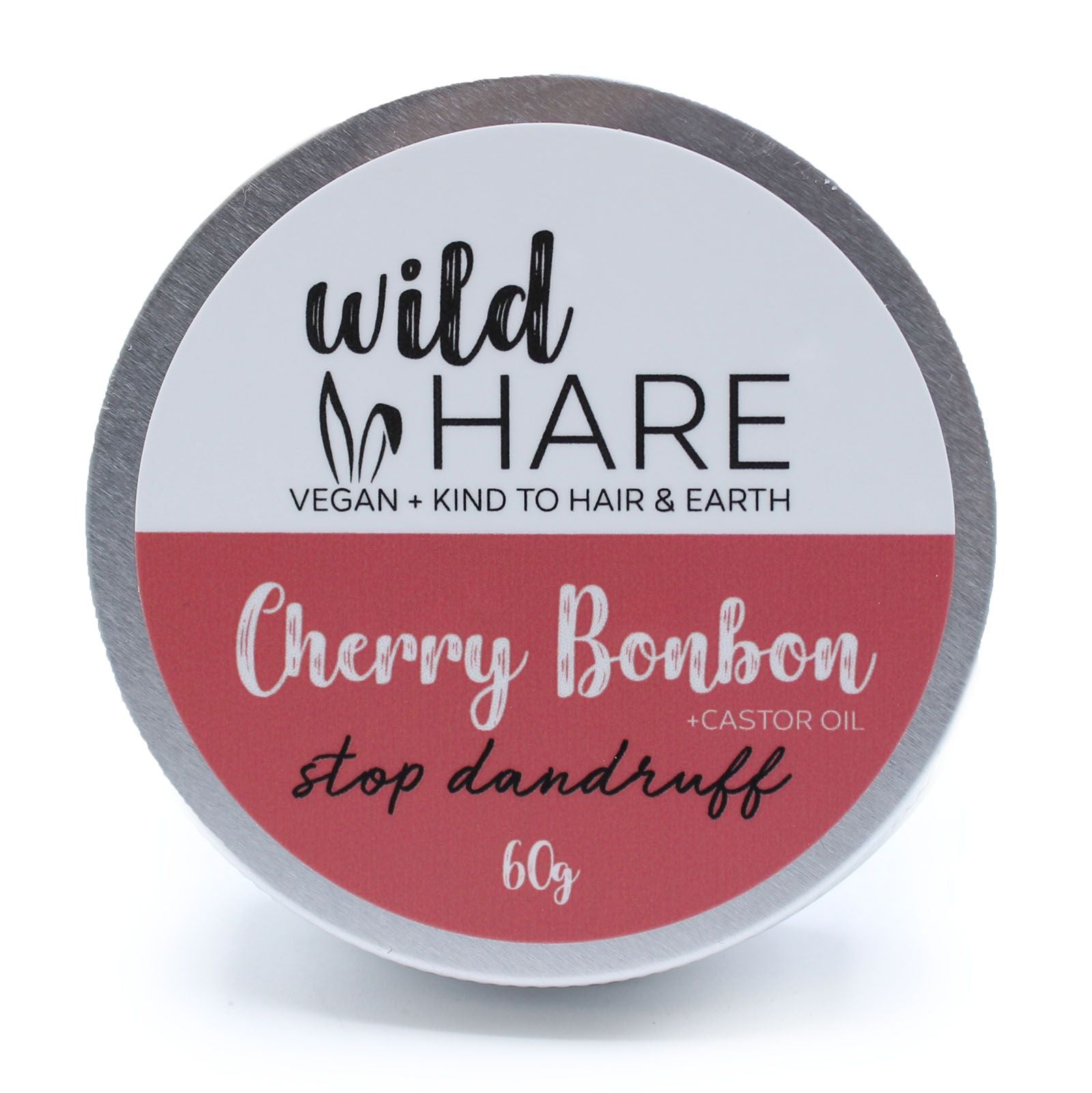 A red-themed 60g solid shampoo bar in a tin, labeled Wild Hare Cherry Bonbon for sustainable hair care.