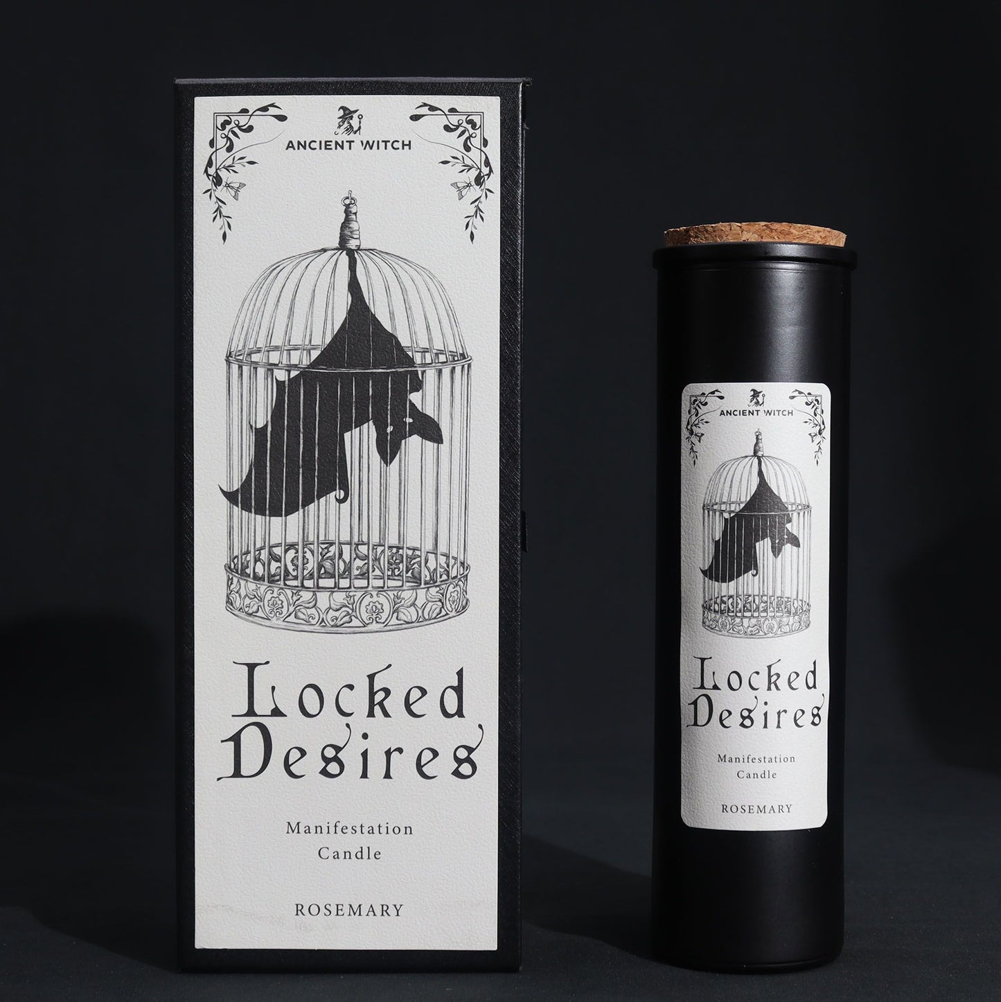 A sleek black pillar candle in a decorative black box featuring mystical "Locked Desires" typography and occult symbols.