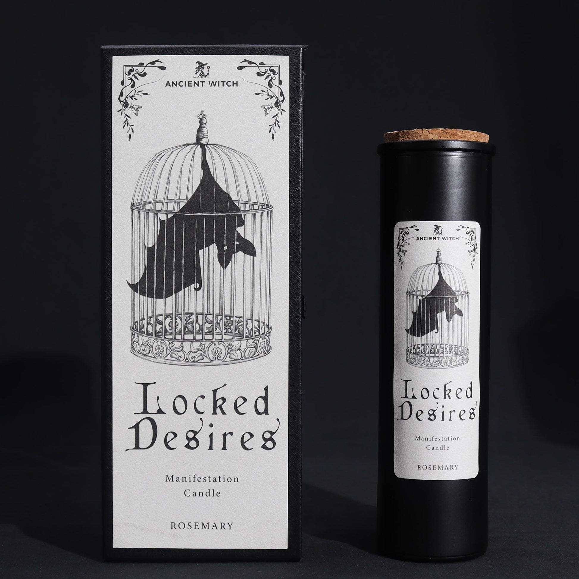 A sleek black pillar candle in a decorative black box featuring mystical "Locked Desires" typography and occult symbols.