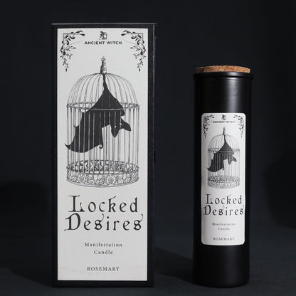 A sleek black pillar candle in a decorative black box featuring mystical "Locked Desires" typography and occult symbols.