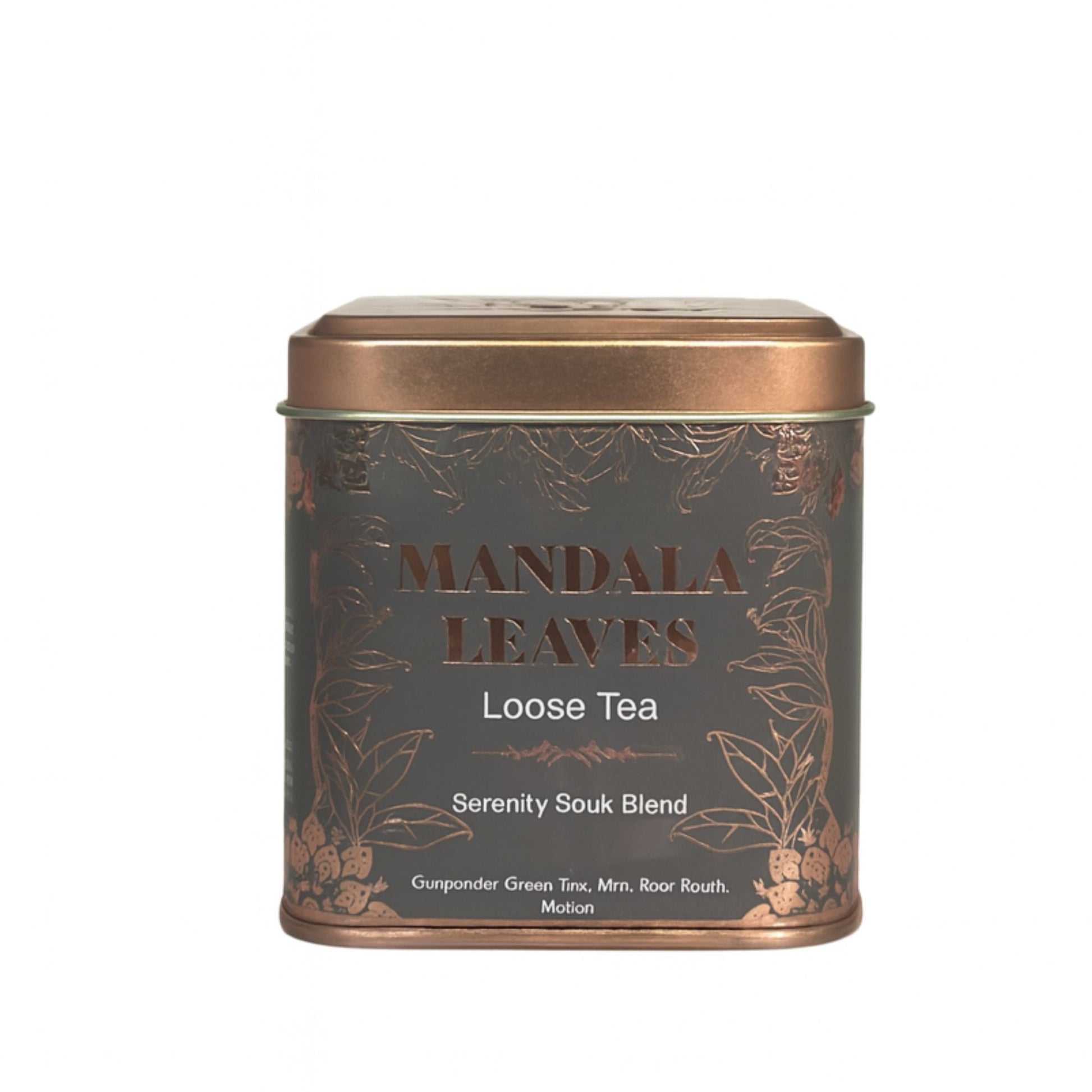 A 50g tin of Serenity Souk loose leaf tea blend, featuring exotic herbal ingredients for a calming tea experience.