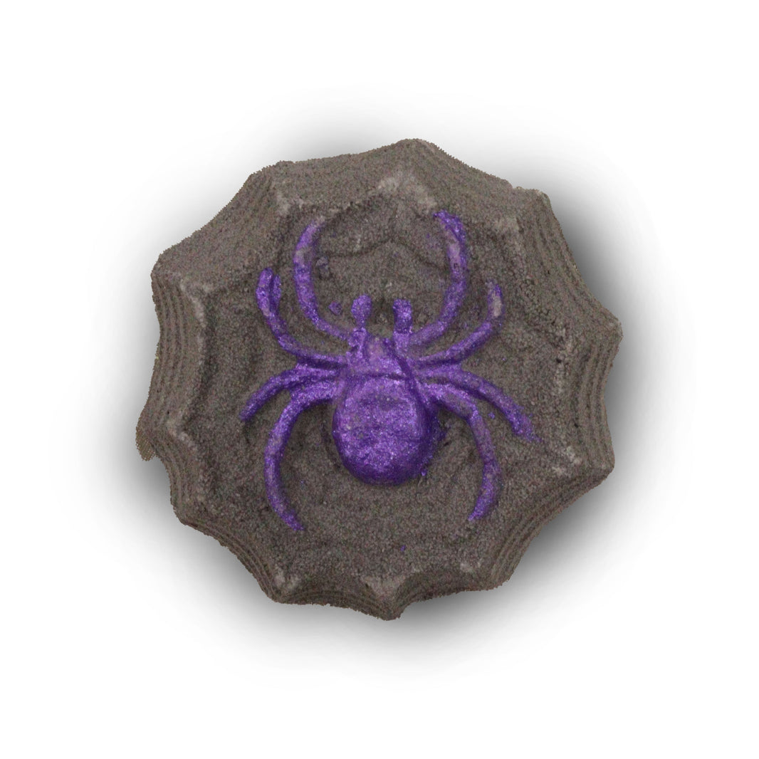 A small 60g purple bath bomb shaped like a spider, perfect for gothic or spooky-themed bath rituals.