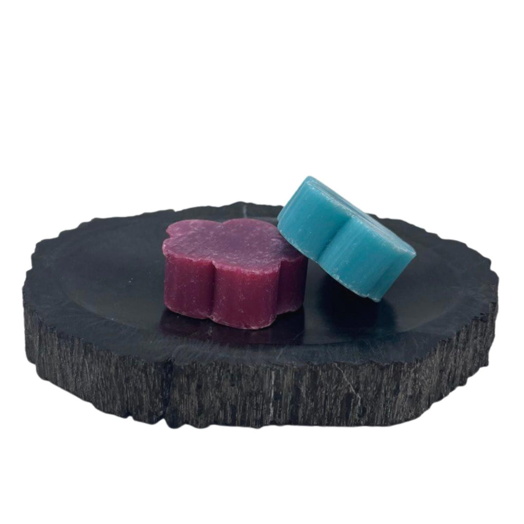 A heavy, polished black soap dish made from a solid piece of natural petrified wood, showing prehistoric stone textures.