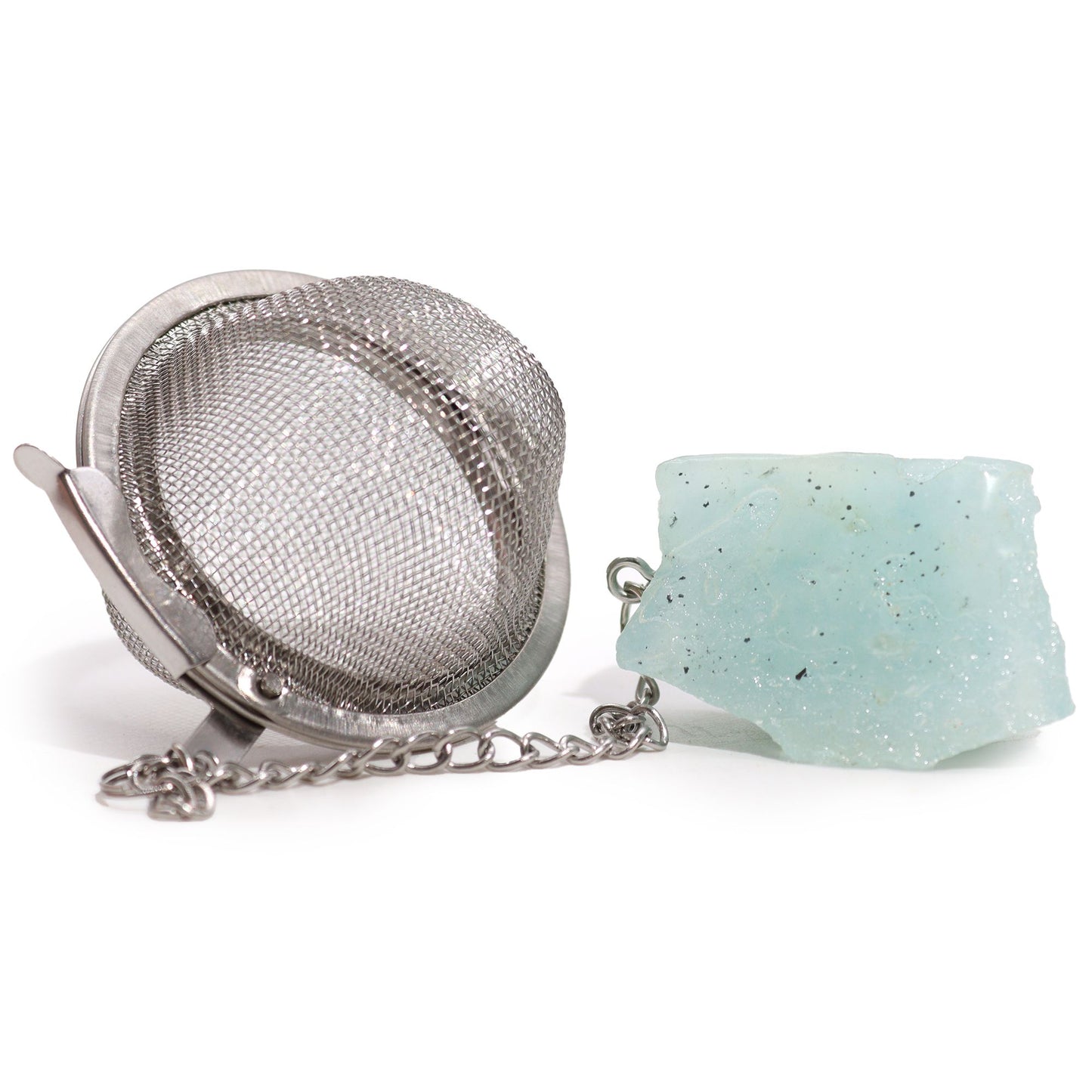 Silver tea infuser ball on a chain with a raw light blue aquamarine crystal charm for calming and peaceful tea rituals.
