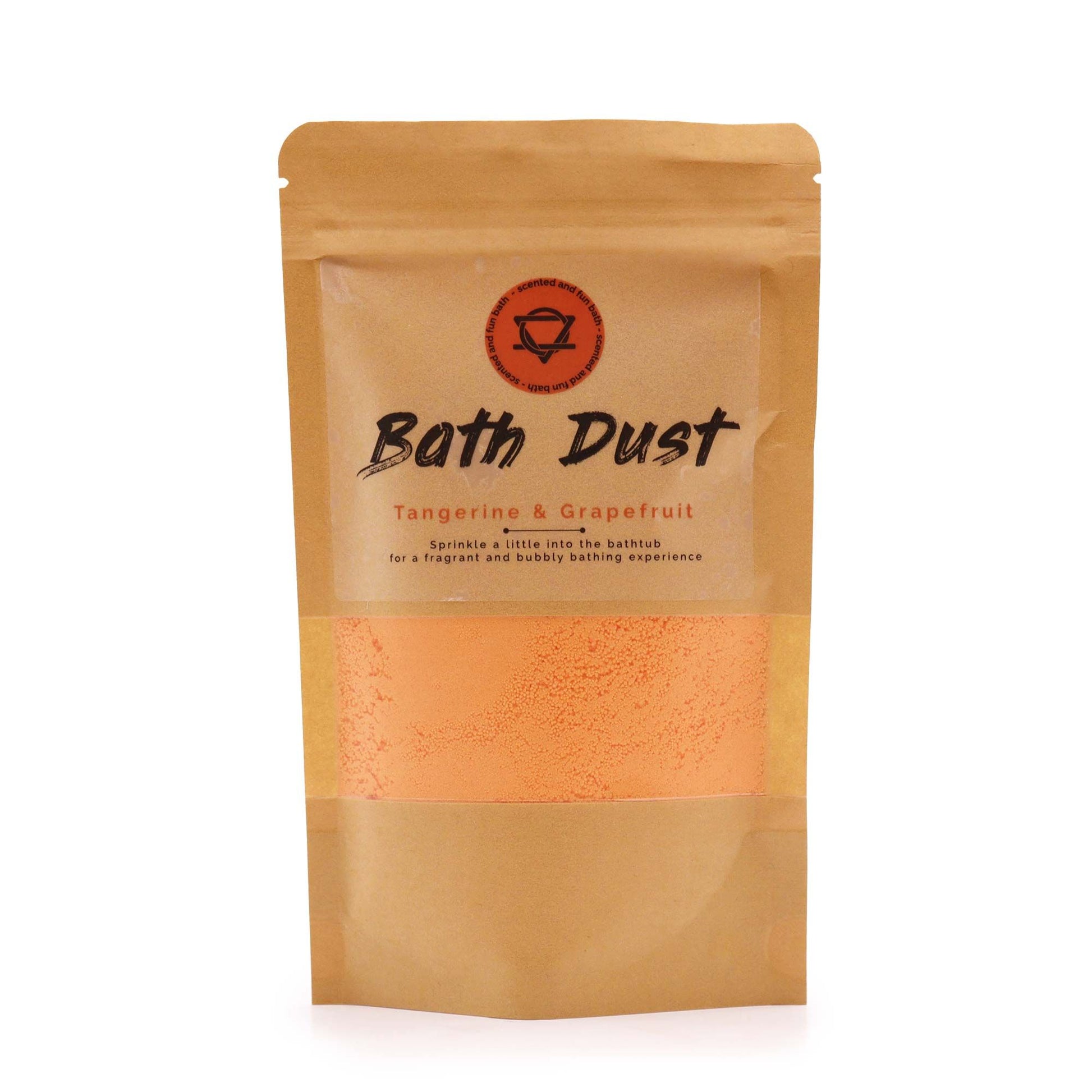 An orange pouch containing 190g of fizzy, citrus-scented bath dust made with natural tangerine and grapefruit oils.