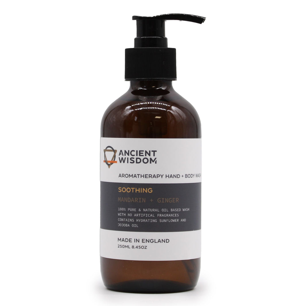 A 250ml amber pump bottle of Mandarin and Ginger body lotion featuring a professional white and gold apothecary-style label.