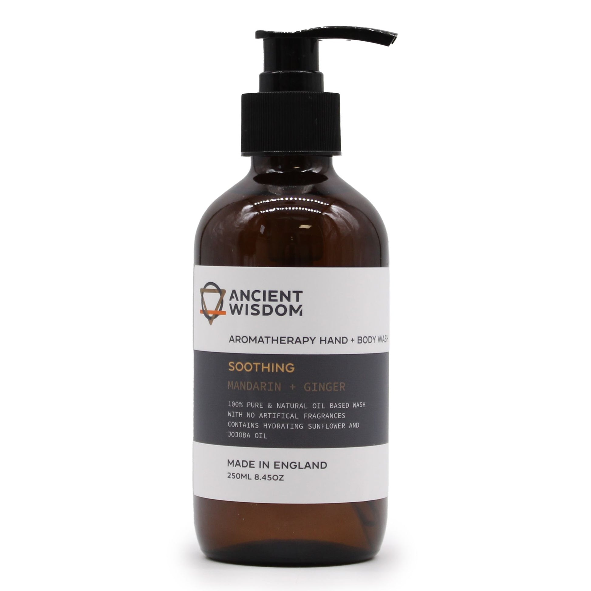 A 250ml amber pump bottle of Mandarin and Ginger body lotion featuring a professional white and gold apothecary-style label.