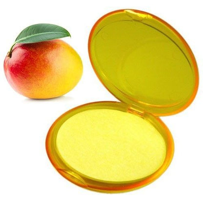 A round yellow travel-ready container holding delicate mango-scented paper soap petals.