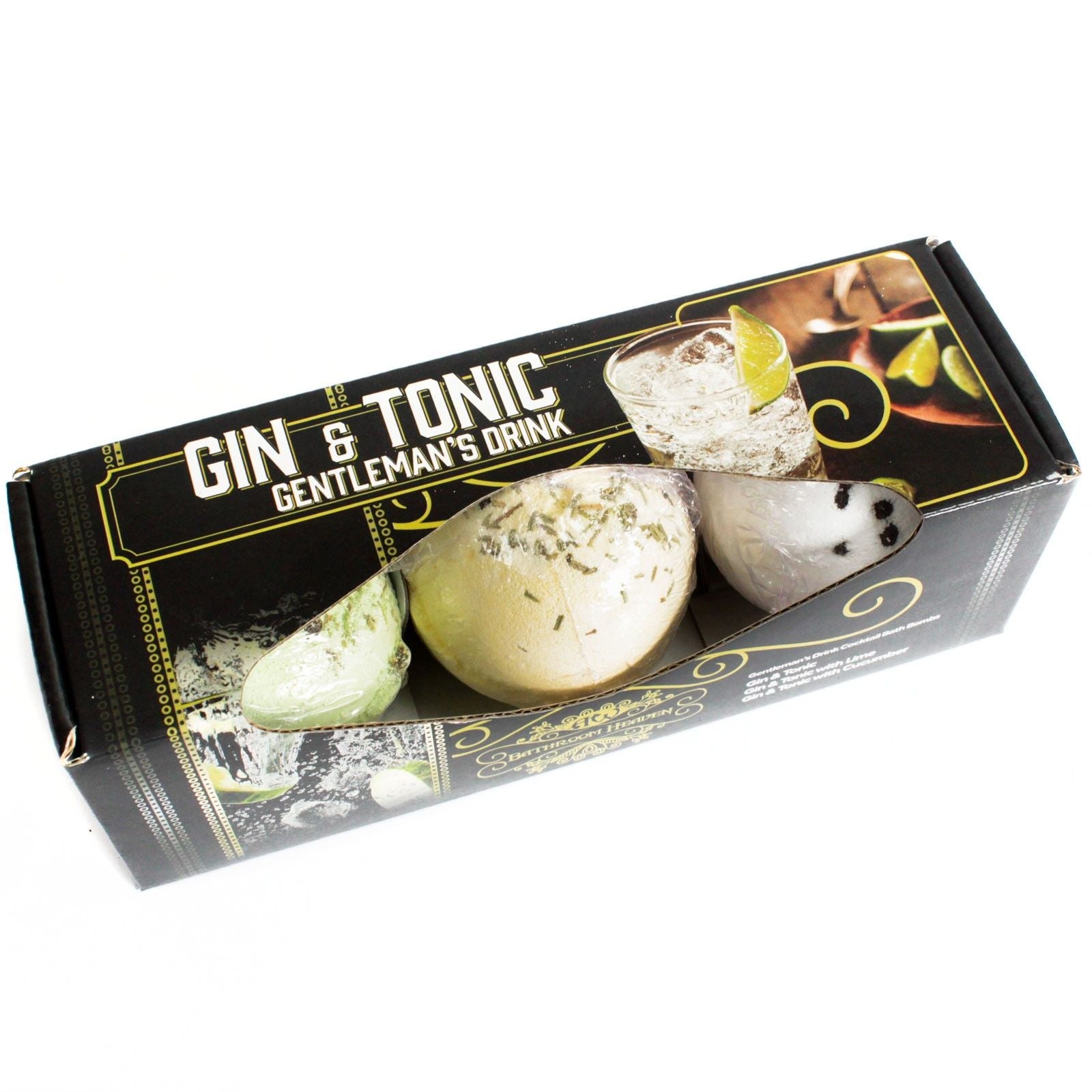 A trio of 120g cocktail-inspired bath bombs in a presentation box, styled with zesty lime and juniper themes.