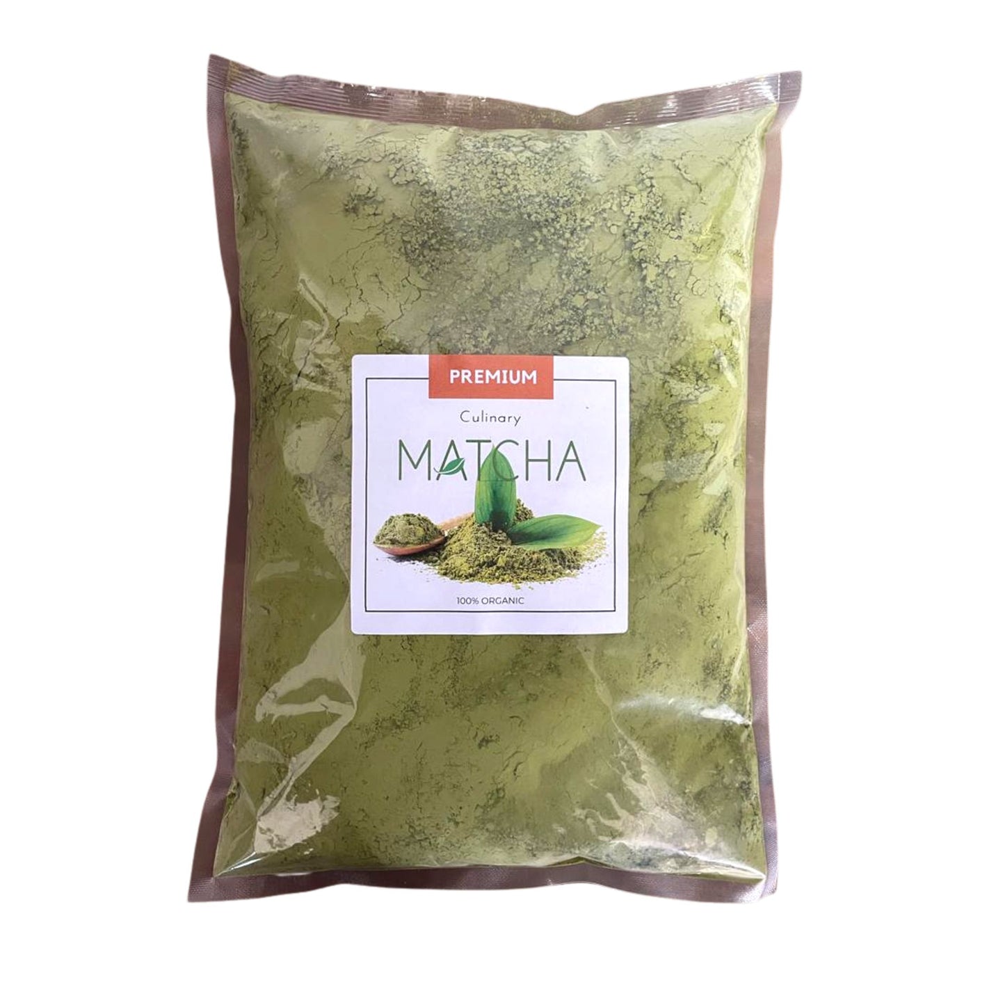 A sealed green pouch of organic culinary grade matcha powder featuring a minimalist white label with a green tea leaf icon.