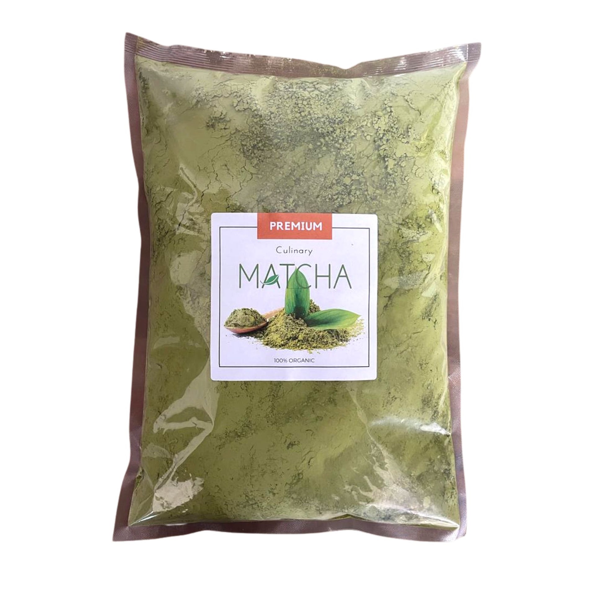 A sealed green pouch of organic culinary grade matcha powder featuring a minimalist white label with a green tea leaf icon.