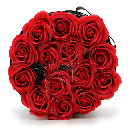 A large round gift box packed with 14 realistic red soap roses, perfect for romantic gestures or anniversaries.
