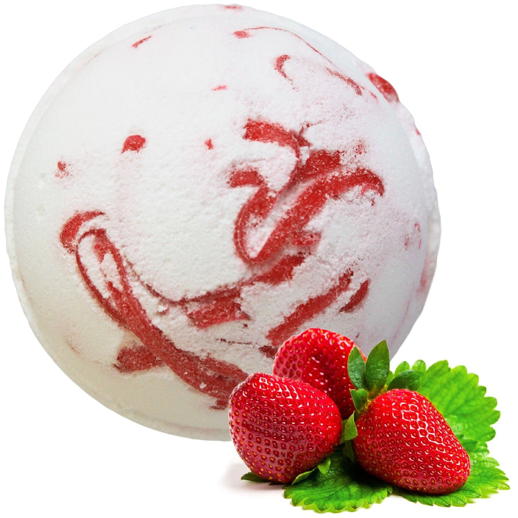 Large 180g red and white marbled bath bomb with a sweet strawberry fragrance and nourishing coconut oil.