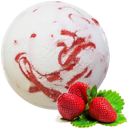 Large 180g red and white marbled bath bomb with a sweet strawberry fragrance and nourishing coconut oil.