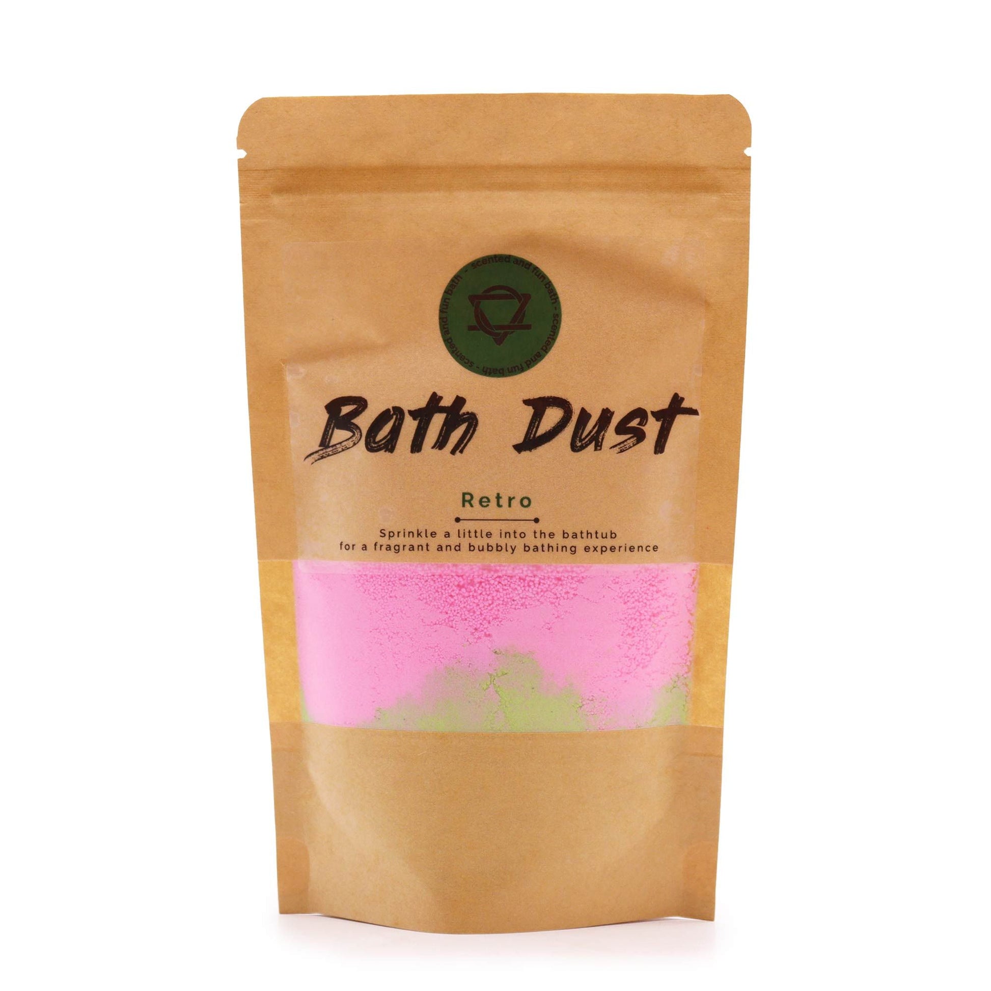 A 190g eco-friendly pouch of vibrant pink and yellow fizzy bath dust with a sweet and nostalgic retro fragrance.