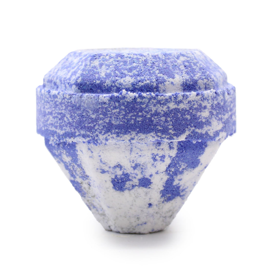 A jumbo 180g bath bomb shaped like a blue-veined gemstone, featuring a sweet raspberry and pomegranate scent.