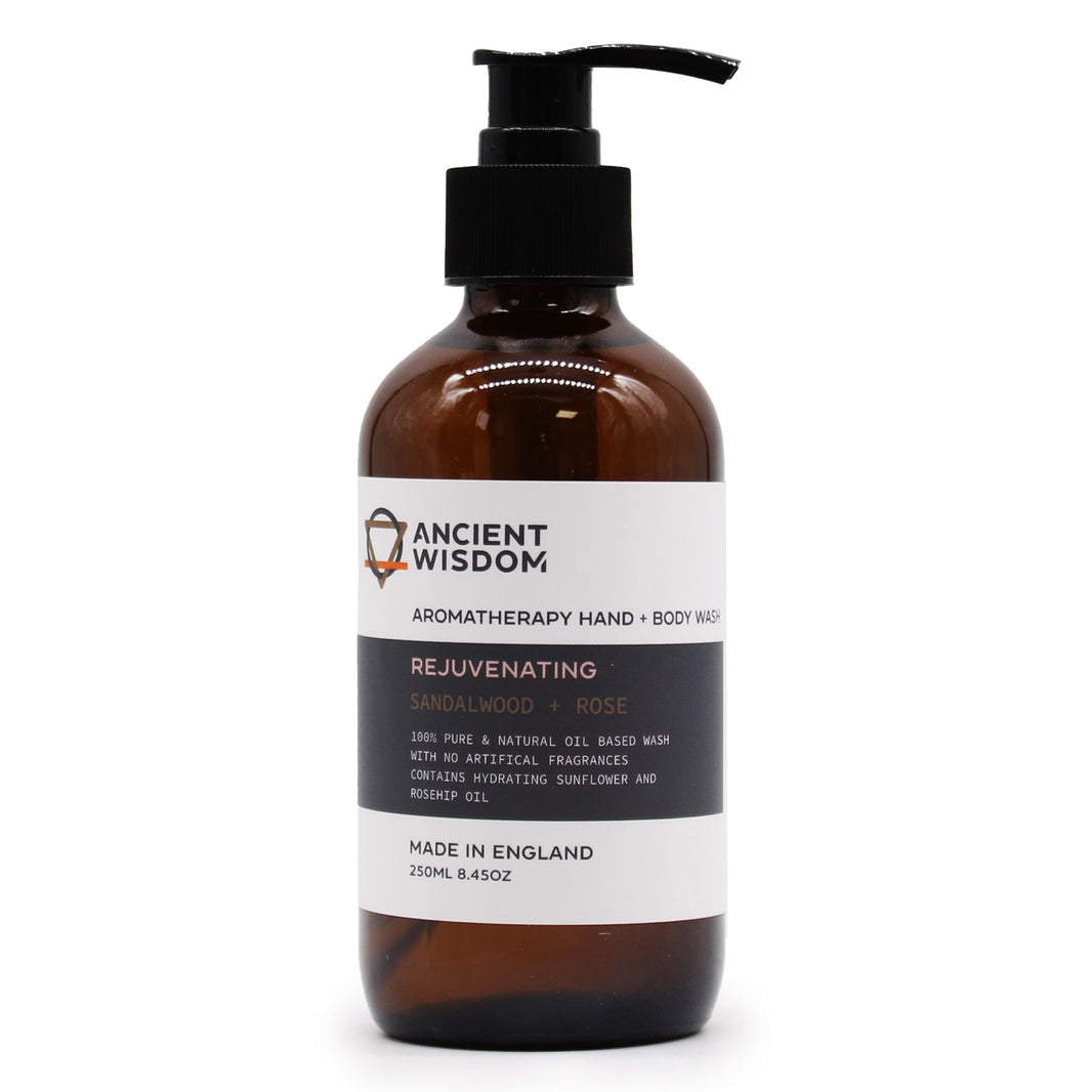 A 250ml amber pump bottle of Sandalwood and Rose wash with a luxury apothecary-inspired label and black pump.