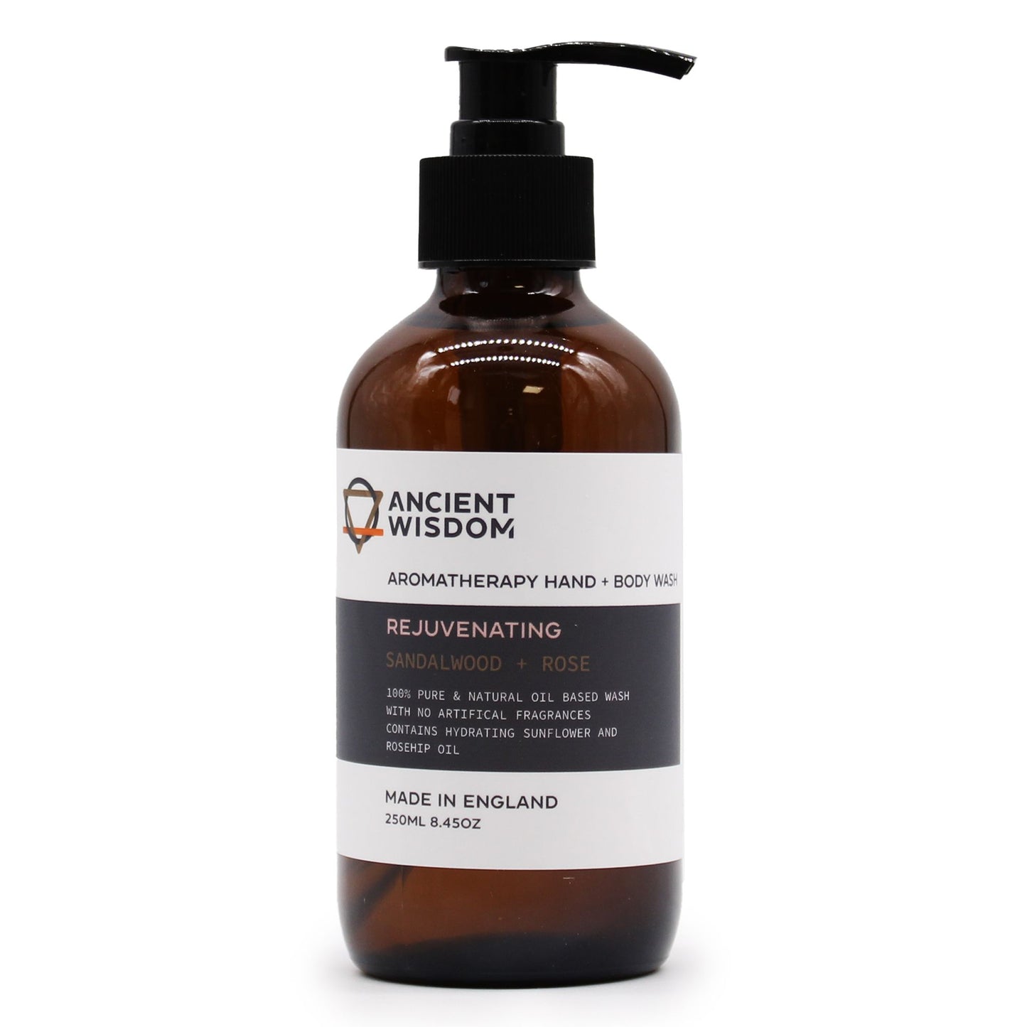 A 250ml amber pump bottle of Sandalwood and Rose wash with a luxury apothecary-inspired label and black pump.