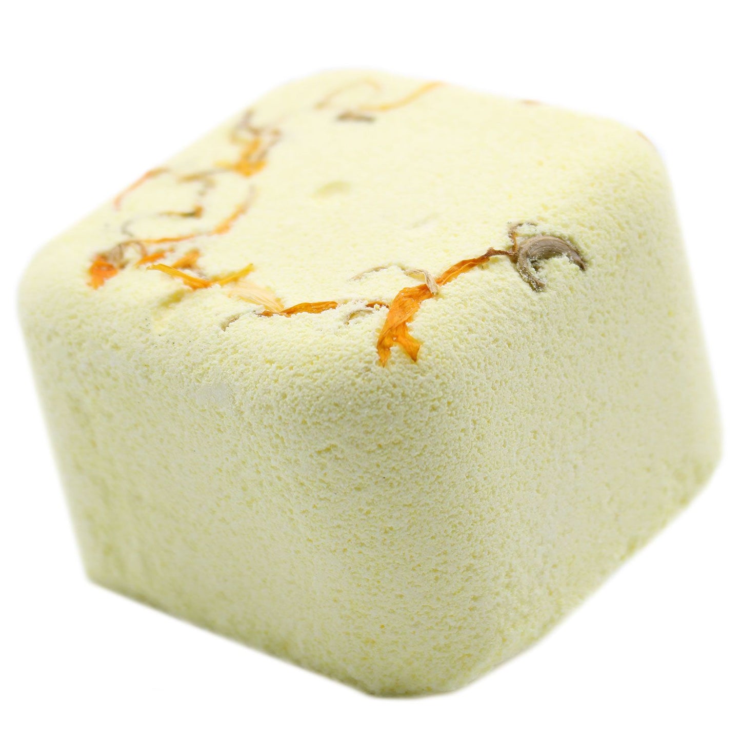 A pale cream-colored square shower steamer tablet topped with real dried green botanical herbs.