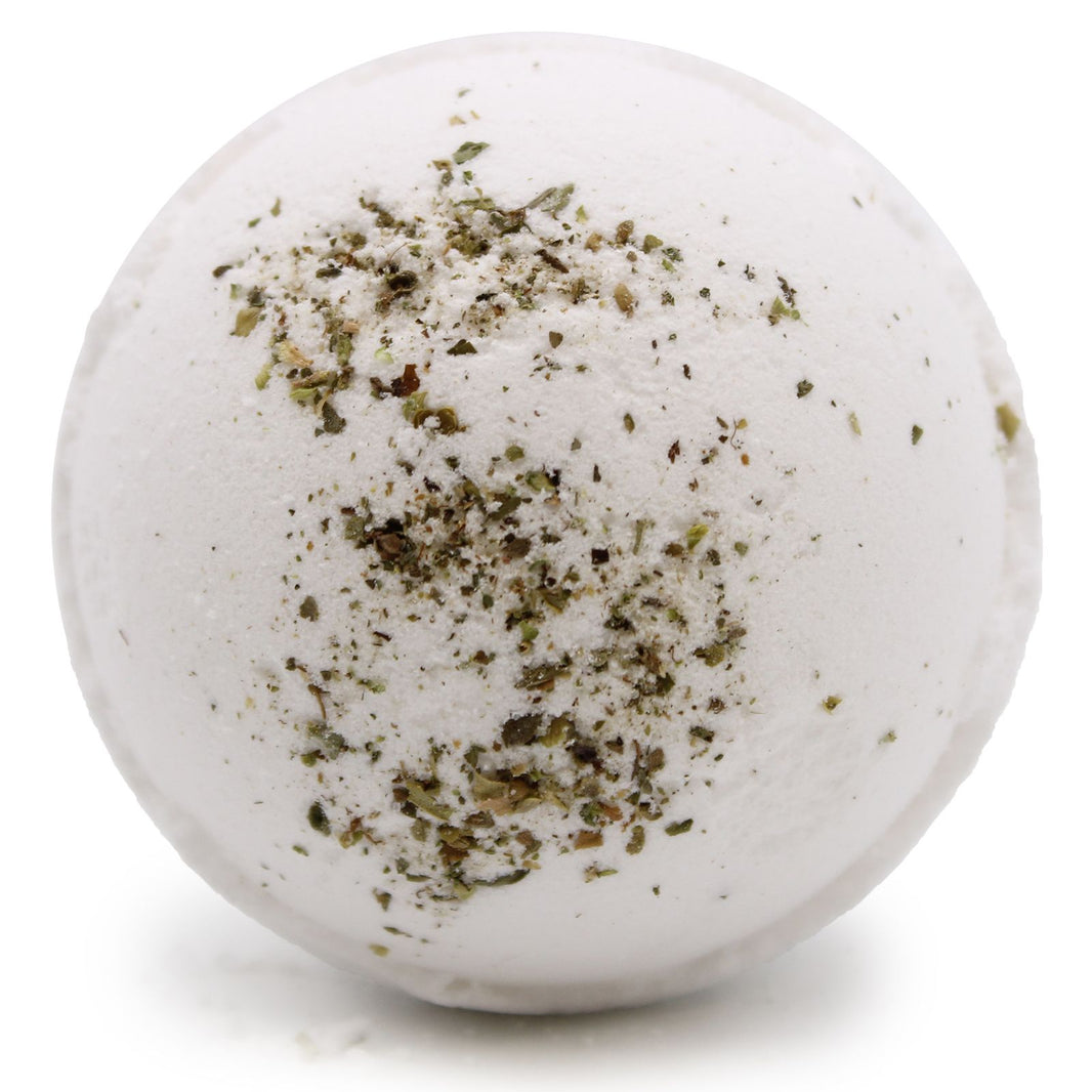 Large 180g white bath bomb with dark green herbal inclusions, made with detoxifying Himalayan pink salt.