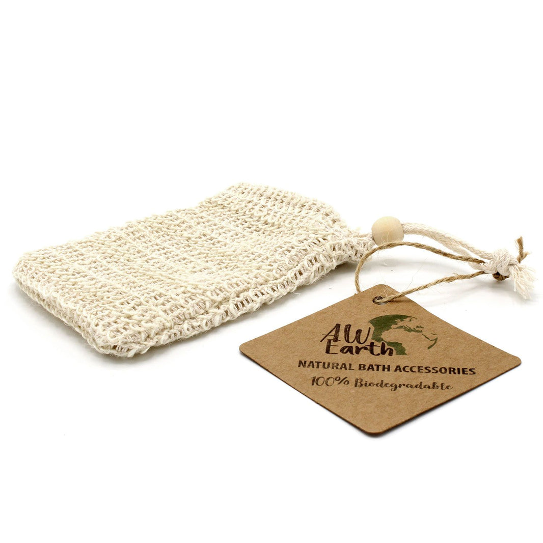 A natural tan-colored soap saver bag made from woven washed jute fiber with a drawstring closure.