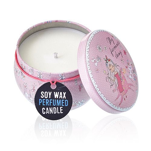 A decorative tin candle featuring a pink-themed lid with kind words and floral accents.