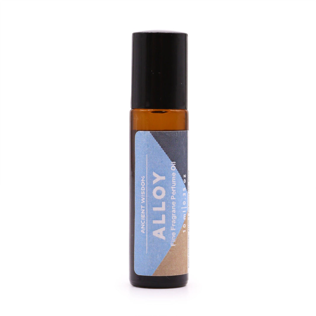 A slim 10ml glass rollerball bottle of Alloy perfume oil featuring a sleek blue and silver label with a black metallic cap.