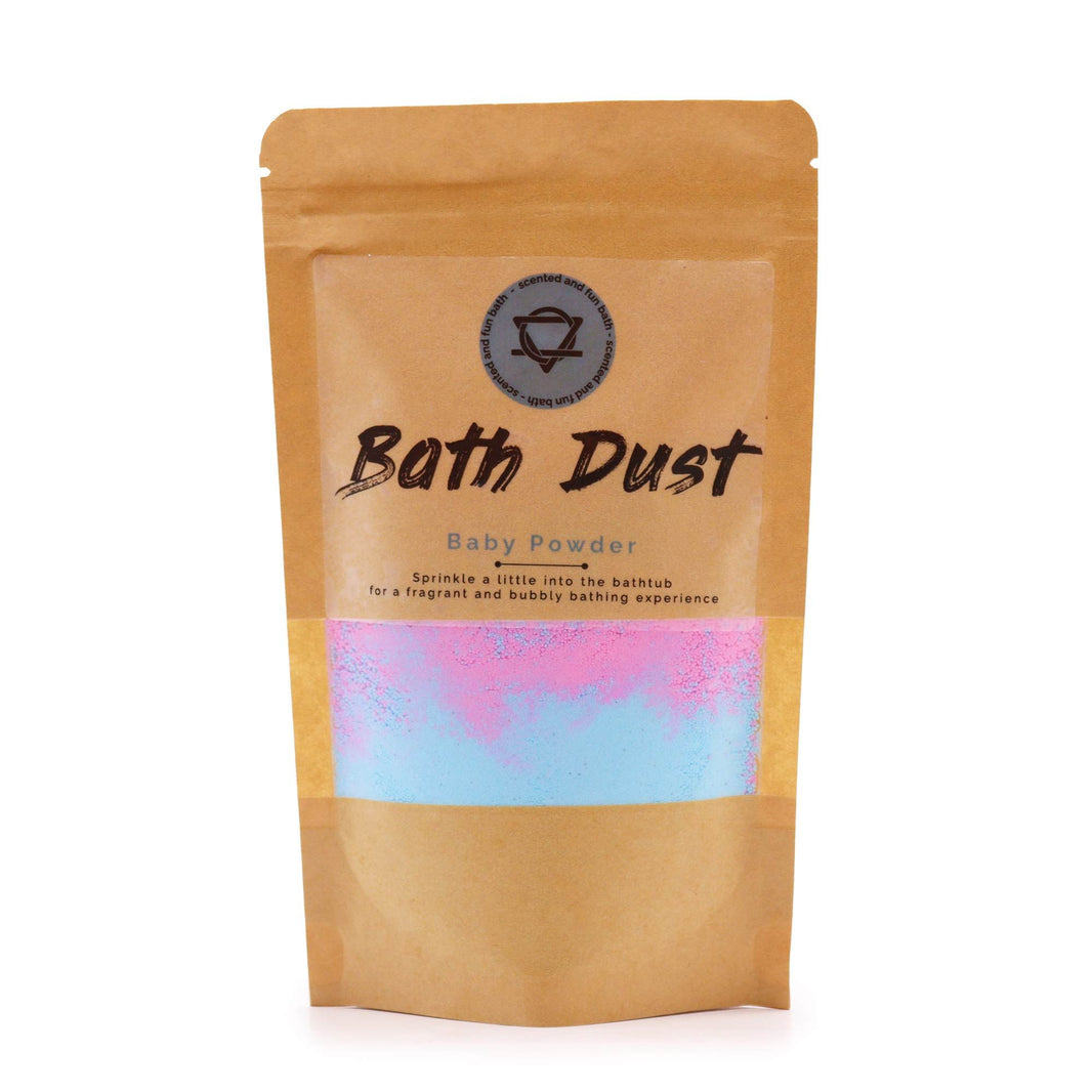 A stand-up kraft paper pouch with a clear window showing fine, light blue bath fizzing powder with a classic baby powder scent.