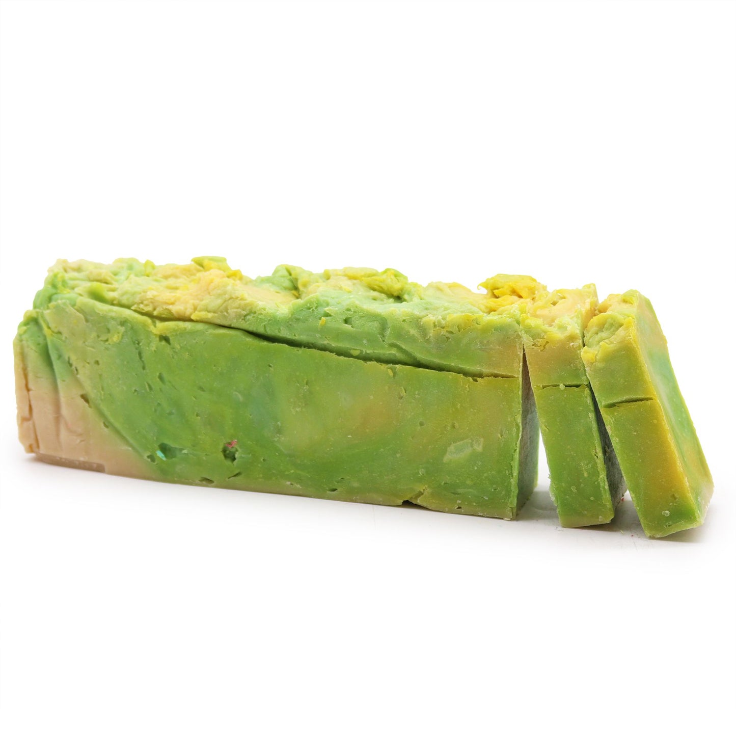 A 110g green and white marbled artisan soap slice infused with Noni fruit extract and moisturizing olive oil.