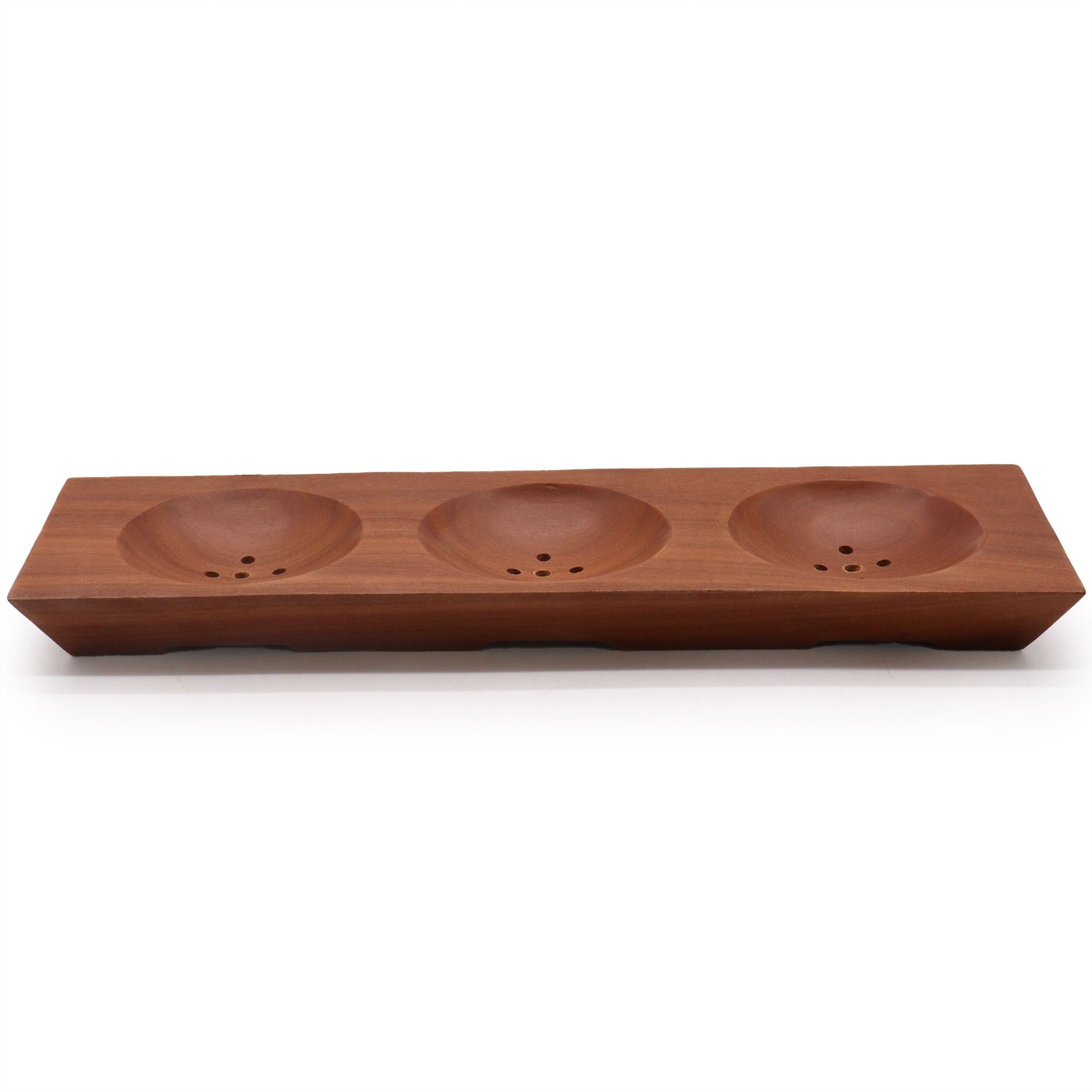 A long, dark mahogany wood soap dish featuring three carved bays to hold multiple artisan soap bars at once.