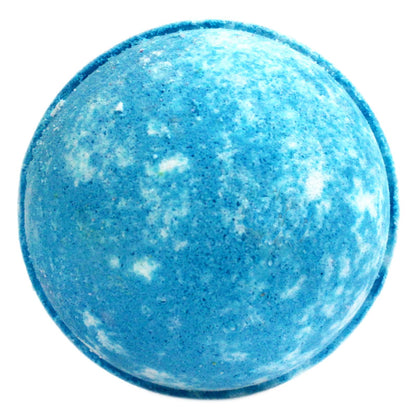 A large spherical bath bomb featuring a beautiful, unique marbled pattern of sky blue and crisp white colors.