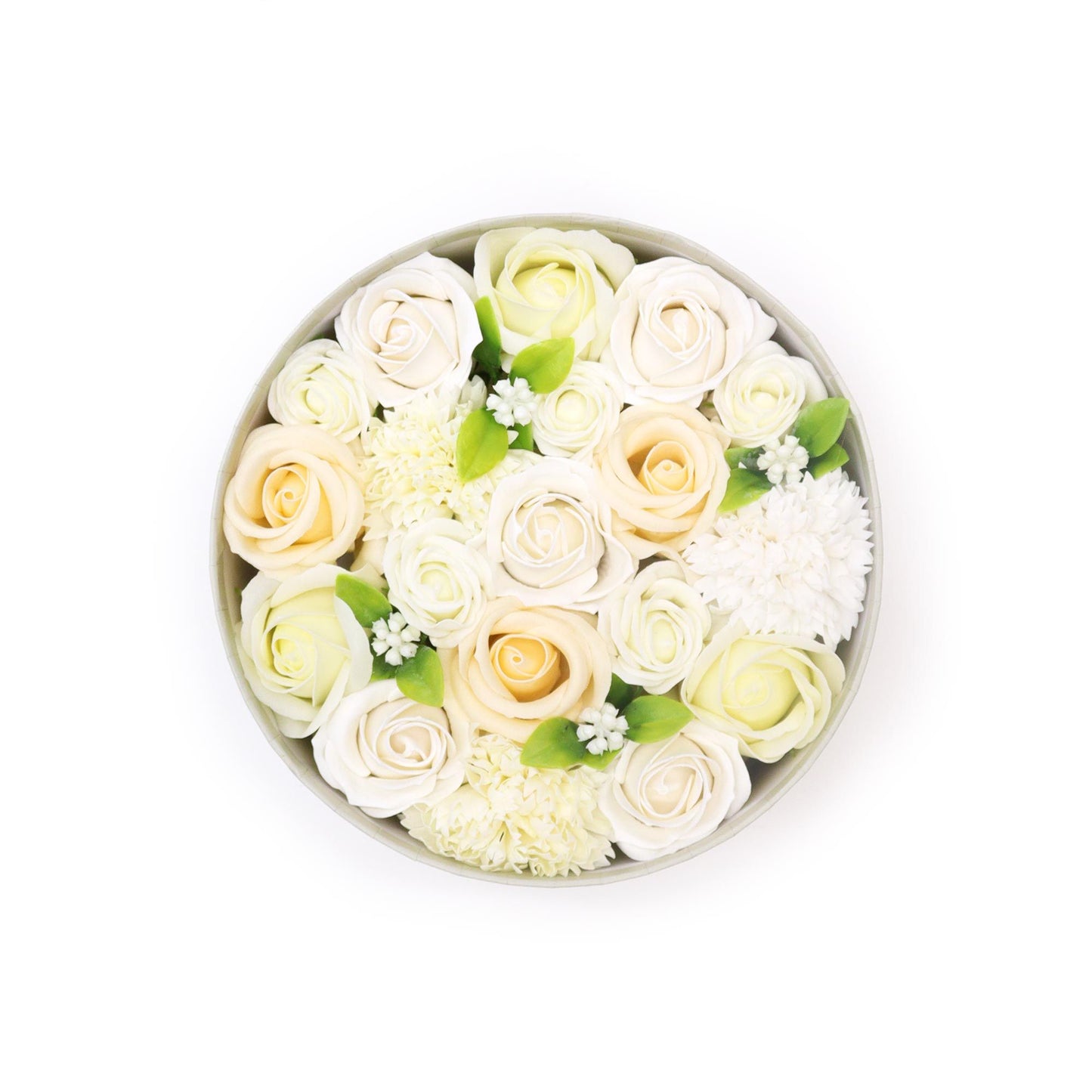 Large round gift box filled with realistic ivory and white soap roses and carnations for wedding celebrations.