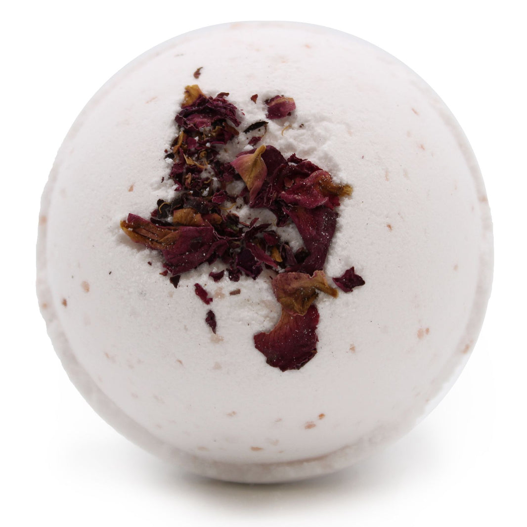 Large 180g bath bomb topped with real dried red rose petals and infused with pink Himalayan sea salt.