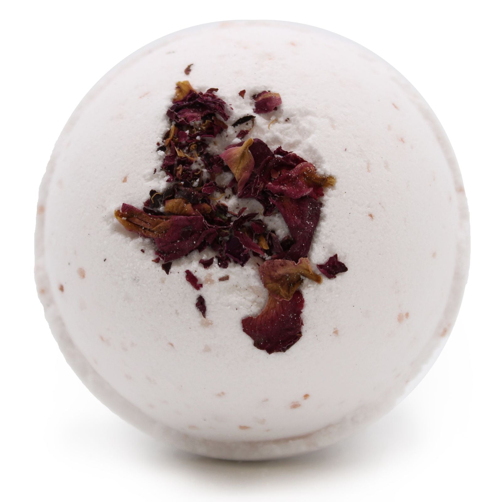 Large 180g bath bomb topped with real dried red rose petals and infused with pink Himalayan sea salt.