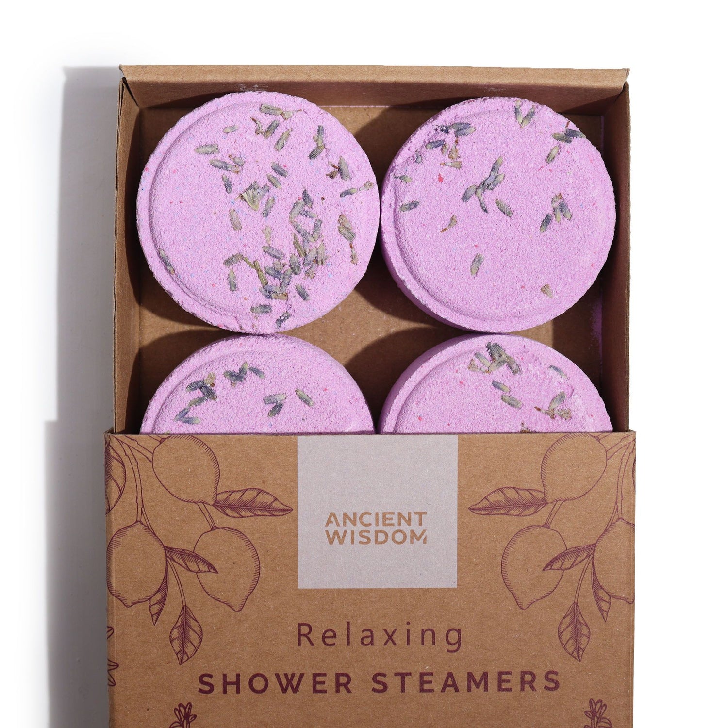 A purple-labeled box containing four circular purple Zen shower steamers for relaxation and aromatherapy rituals.