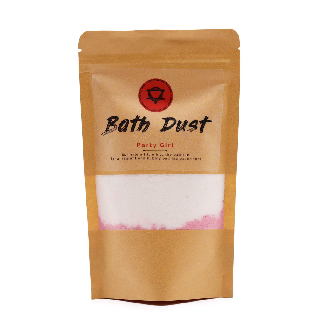A 190g eco-friendly paper pouch of pink and white fizzy bath dust with a vibrant "Party Girl" label.