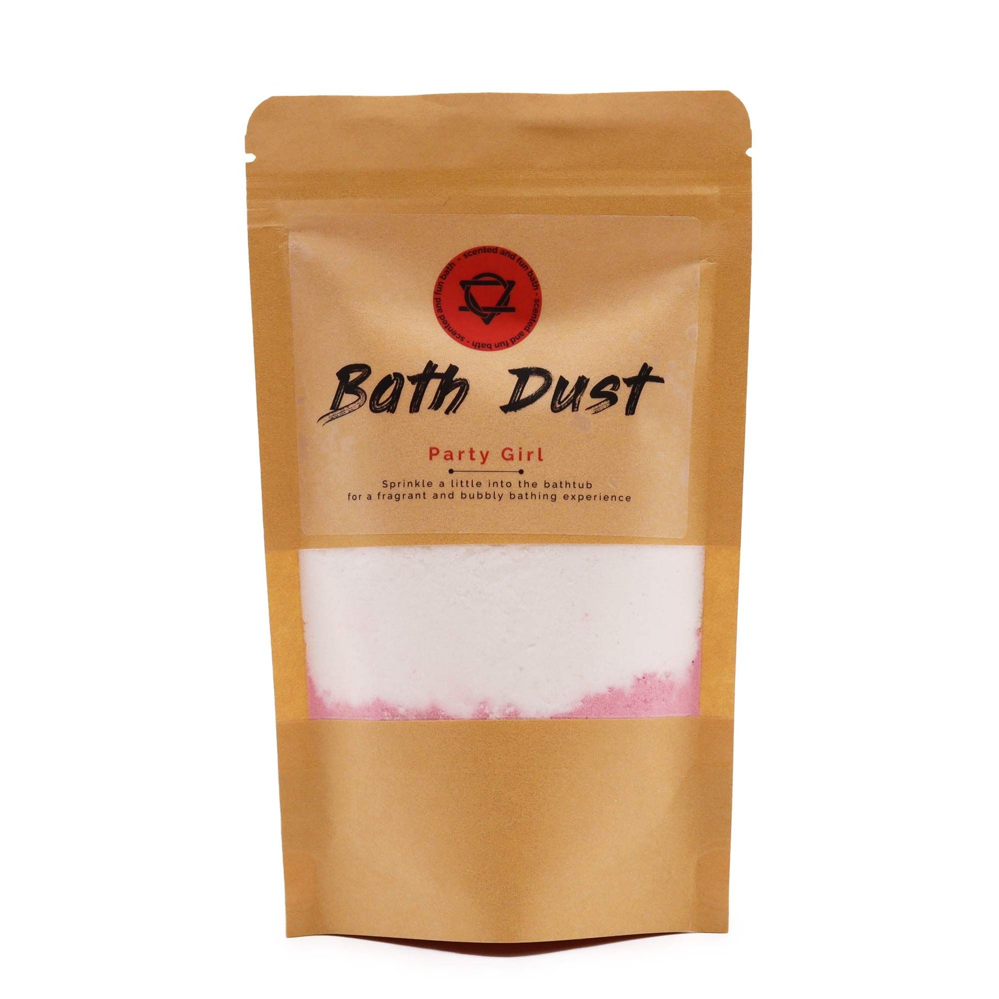 A 190g eco-friendly paper pouch of pink and white fizzy bath dust with a vibrant "Party Girl" label.