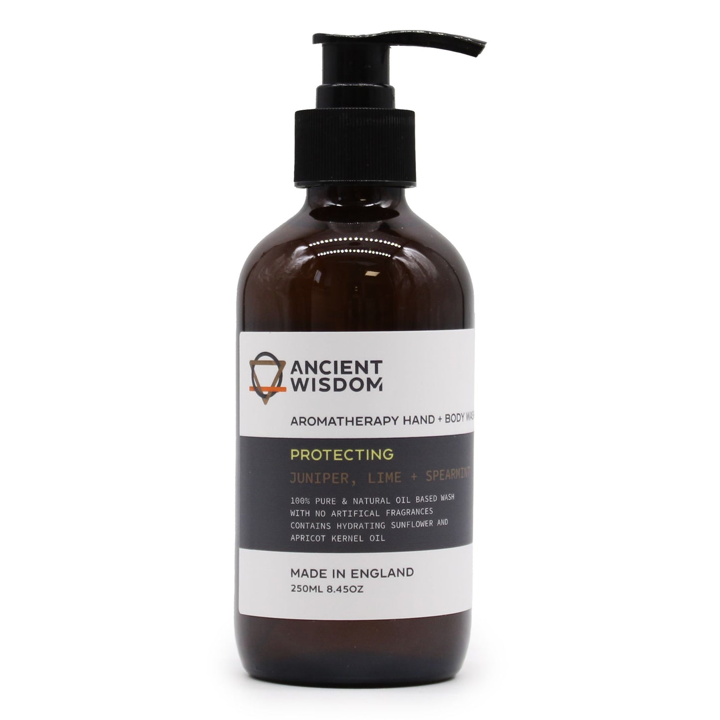 A 250ml amber pump bottle of Juniper, Lime, and Spearmint body wash featuring a professional apothecary-style label.