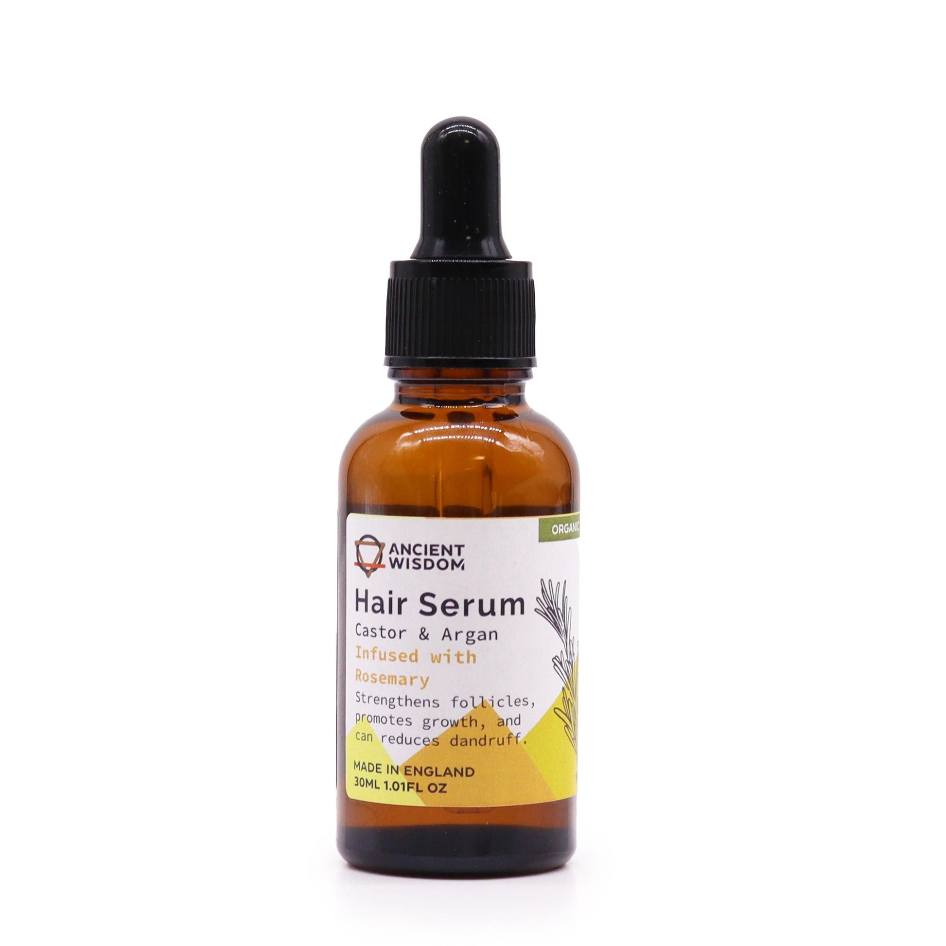 A 30ml amber glass bottle of organic rosemary hair serum with a professional black dropper top.