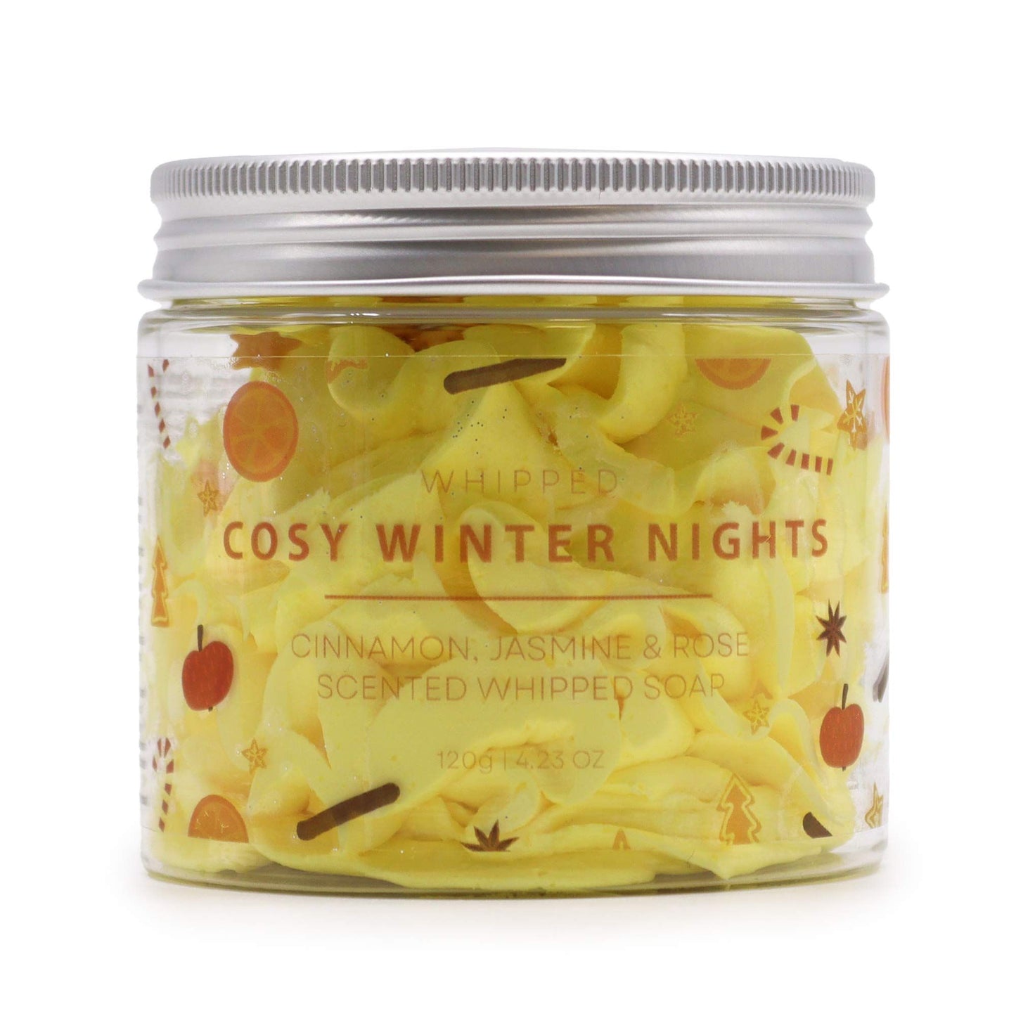 A clear glass jar filled with creamy yellow and white whipped soap, topped with festive gold star-shaped sprinkles.
