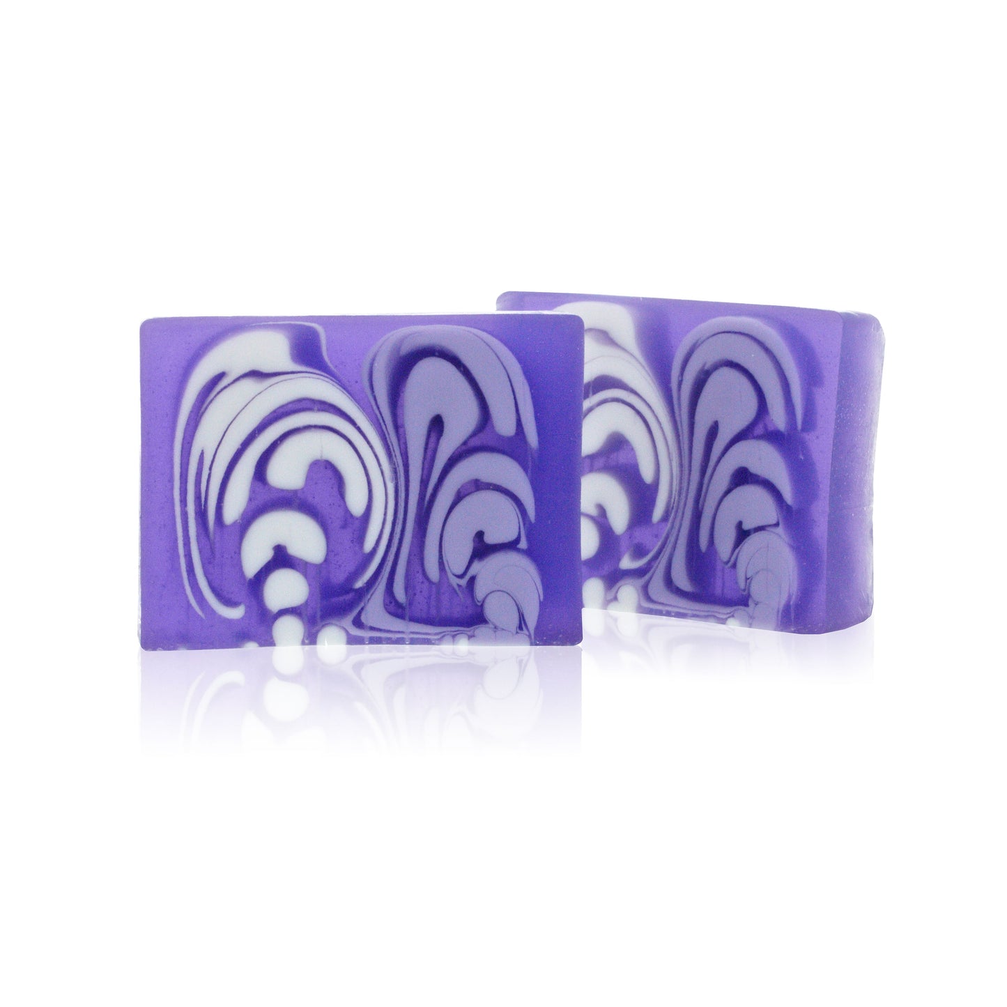 A 100g slice of purple lavender handcrafted soap with a decorative artisan texture.