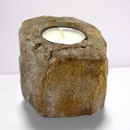 A short, sturdy candle holder carved from a single piece of petrified wood, featuring a hole for a tealight or small candle.