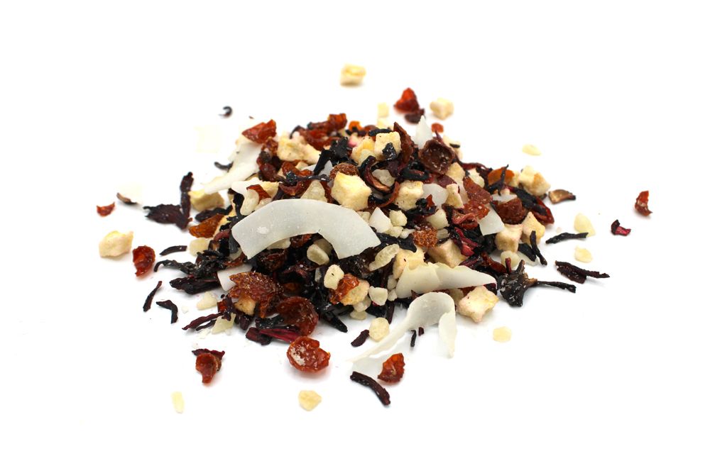 A vibrant 1kg bulk tea blend featuring large pieces of dried exotic fruits, flower petals, and herbal leaves.