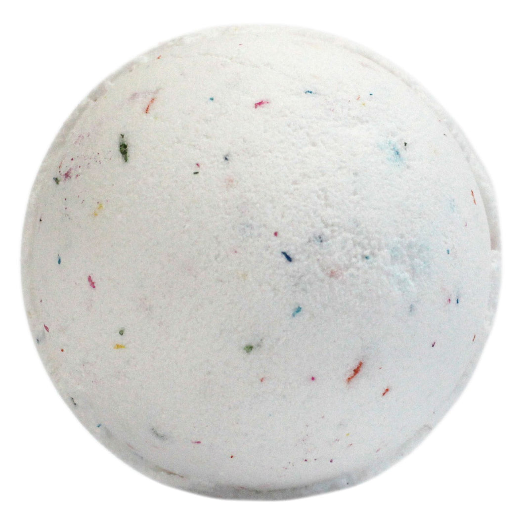 A jumbo 180g white bath bomb with colorful sprinkles and multi-colored inclusions for a Tutti Fruiti experience.