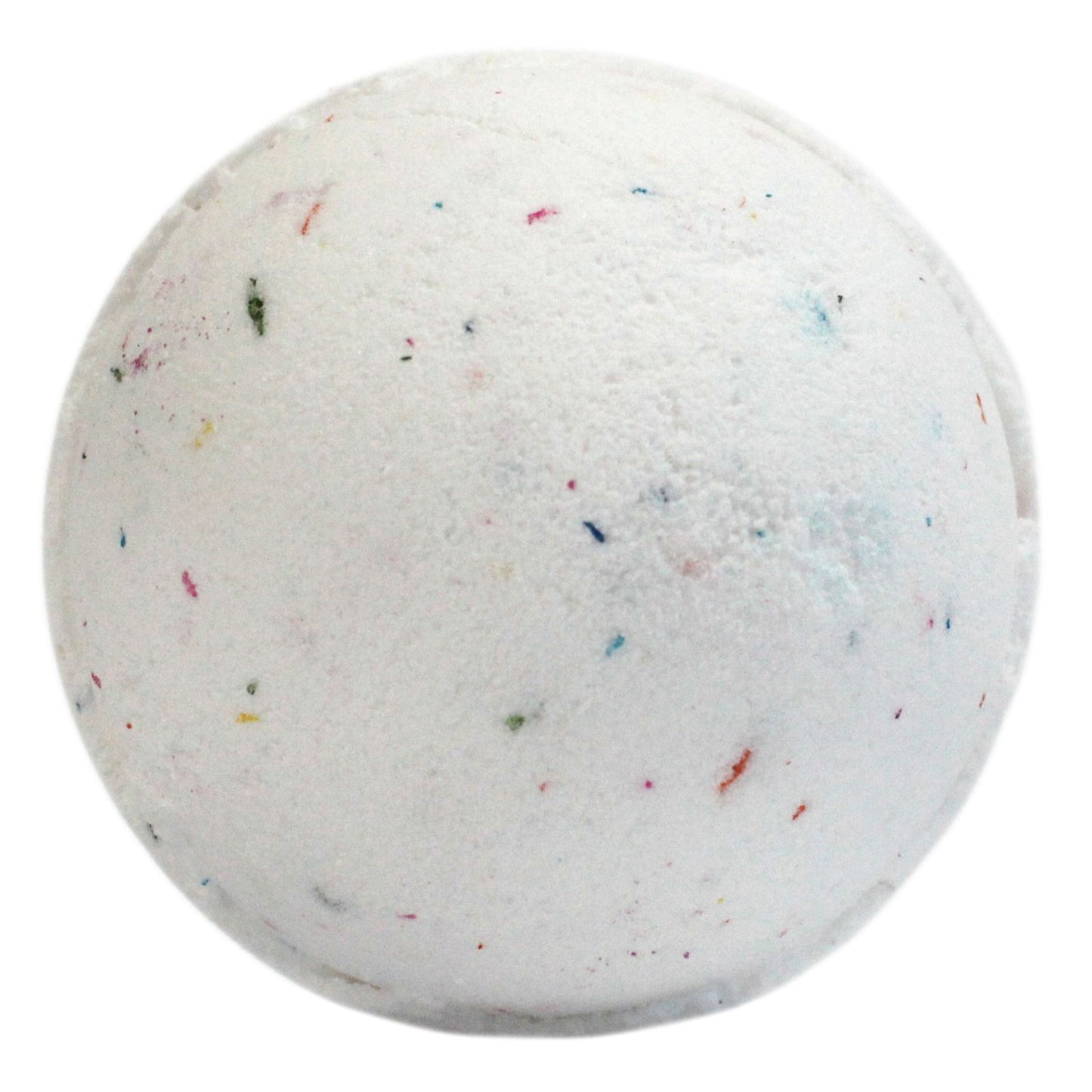 A jumbo 180g white bath bomb with colorful sprinkles and multi-colored inclusions for a Tutti Fruiti experience.