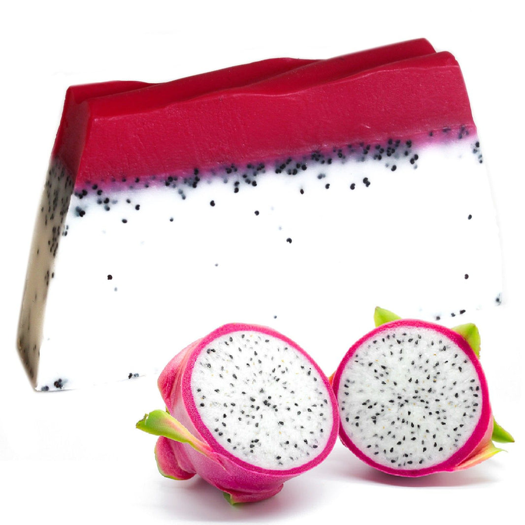 A 115g artisan olive oil soap slice featuring vibrant pink and white speckled layers, designed to look like a tropical dragon fruit.