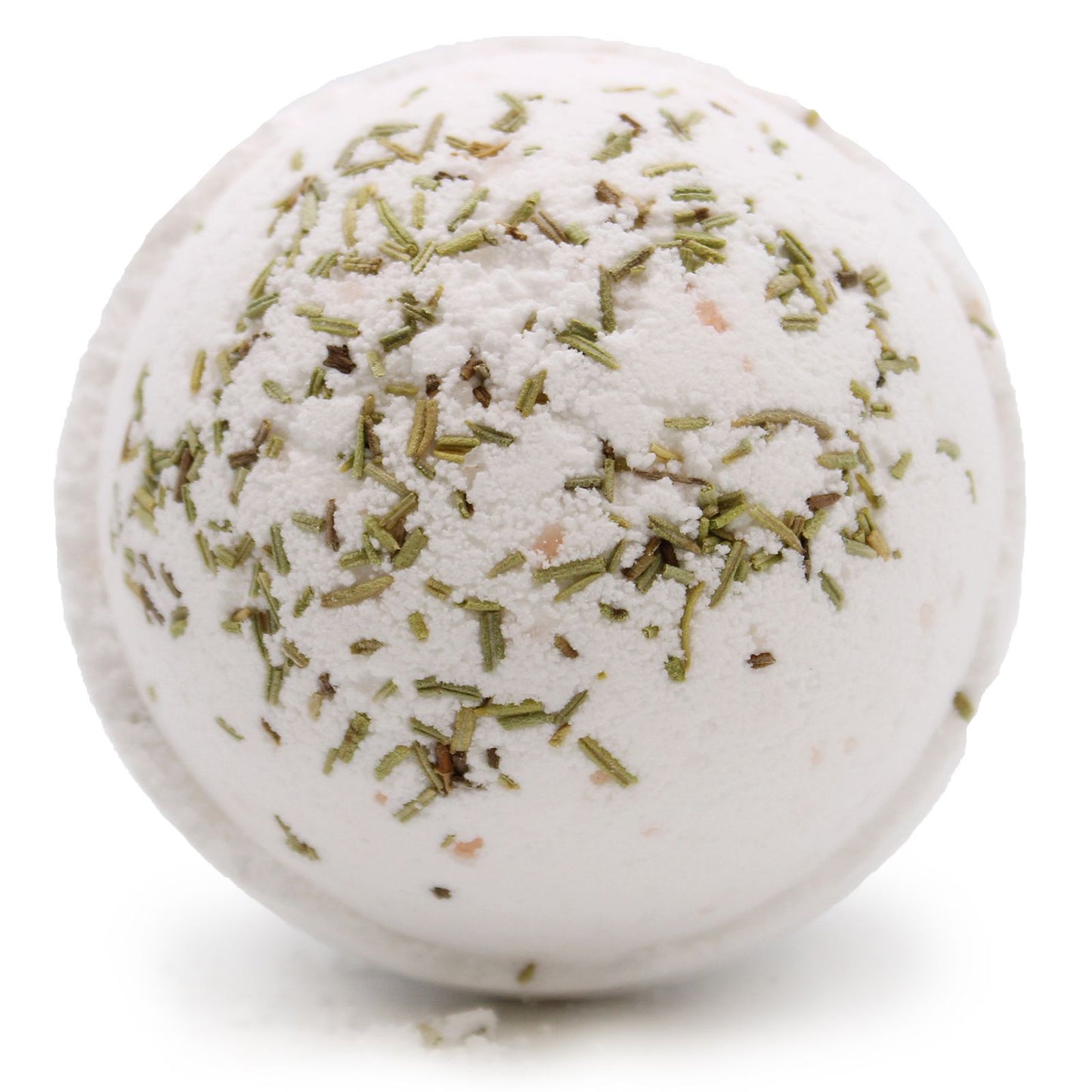 A large 180g round white bath bomb made with Himalayan sea salt and topped with delicate dried white flower petals.